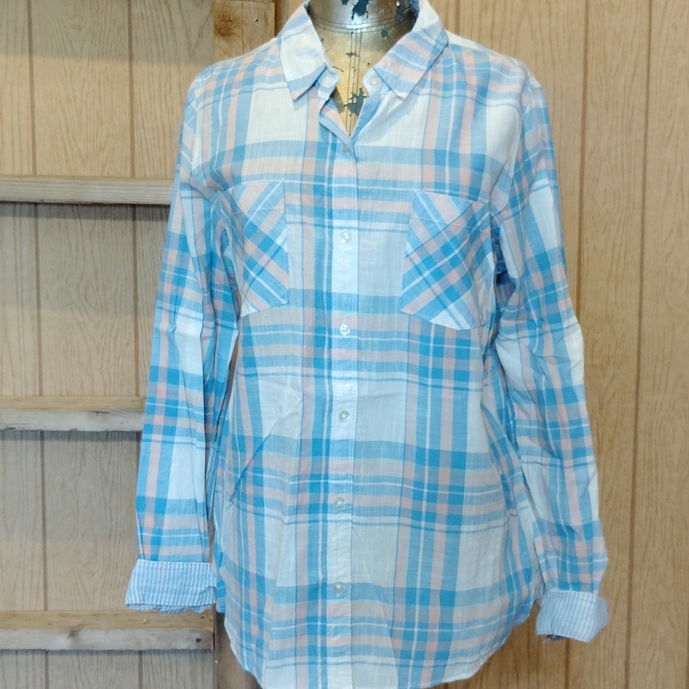 SO Perfect Shirt Womens Light Blue White Plaid Cotton Button-Down Casual Pockets